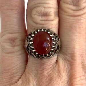 VTG 800 Silver Pierced Filigree Oval Bezel Set Red Agate Statement Ring Sz 6.25